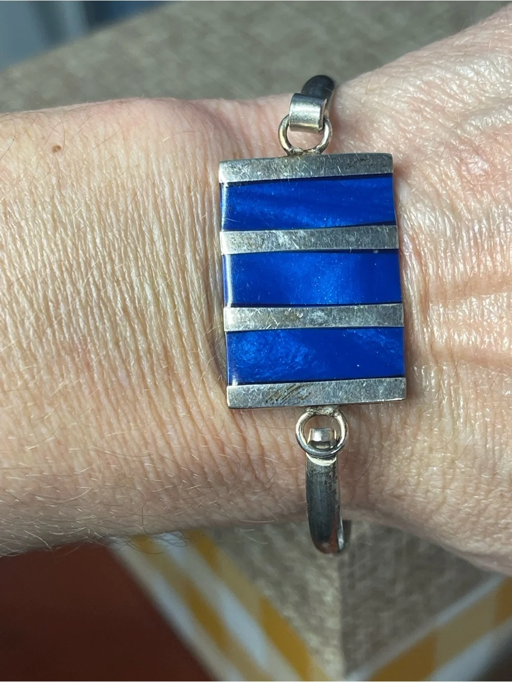 Alpaca Mexico Lapis Lazuli Inlay Hinged Bangle Bracelet Blue Stone 7.25”